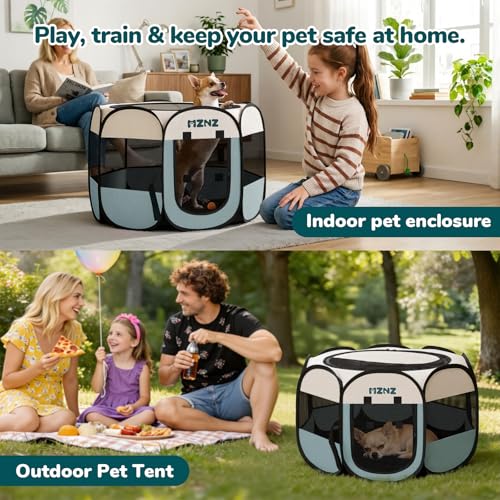 MZNZ Dog Cat Playpen, Portable Small Animal Playpen Crate Indoor for Dogs Cats Rabbits, Foldable Guinea Pigs Bunny Cage Enclosure for Outdoor, Pop Up Dogs Cats Tent Kennel with Carrying Case, Grey