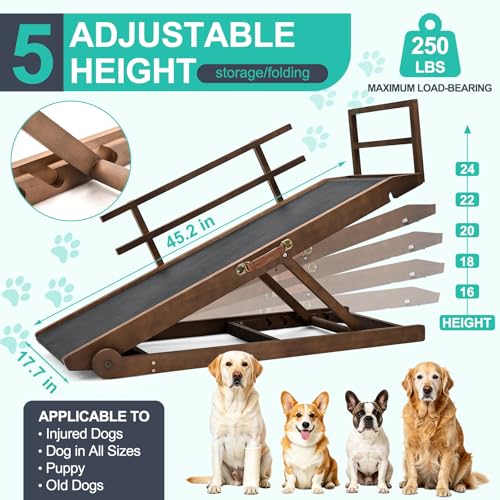 Dog Ramp for Couch, 5-Level Adjustable Wooden Pet Ramp for Bed & SUV, Adjustable Height 15.7"-23.6",Folding Non Slip Dog Ramps for Small Large Senior Dogs & Cats - Furniture Quality