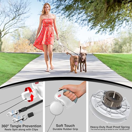 WIGZI - 2026 Edition - Dual (2) Dog Retractable Leash, Auto-Untangles, Supports Up to 50lb Dogs, 10ft Distance Each Dog, Color-Coded Control, Reflective Leads, Waterproof (White)