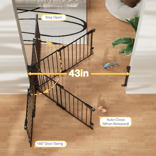 Cumbor 34" Extra Tall No Bottom Bar Baby Gate for Stairs, Hardware Mounted Dog Gate Indoor for Larger Pets, Expandable 29.2-43" Safety Gate for Doorways, Wide Walk Thru Door for Easy Access (Black)