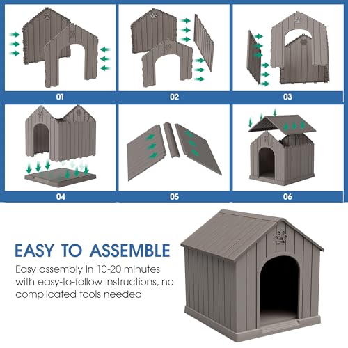 Fancyango Large Dog House Outdoor Indoor, Sturdy Plastic Waterproof Doghouse with Air Vents and Elevated Floor, Easy Clean and Assemble for Medium Large Dogs (Classic Grey, 36.2''L×38''W×38''H)