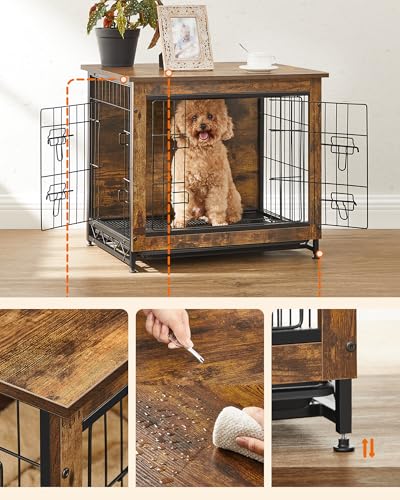 Feandrea 27.2" Dog Crate Furniture, Indoor Dog Cage Side End Table, M Pet Wood Kennel for Medium and Small Dogs up to 30 lb with Multi-Purpose Removable Tray, Double-Door Pet House, Rustic Brown