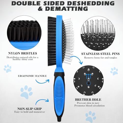 2PCS Pet Grooming Tools - Double-Sided Brush for Shedding and Bathing, Suitable for Short/Long Haired Dogs Cats and Horses, Deshedding Dog Brush, Mane & Tail Combs for Horses - Pet Supplies (Blue)