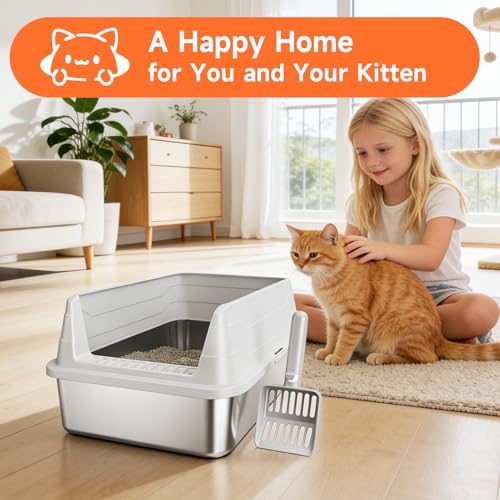 Stainless Steel Cat Litter Box, Odor Free Metal Litter Box with High Sides Lid, Open Top Low Entry Litter Pan Include Scoop Easy Cleaning Anti-Scratch Kitty Cat Box Anti-Urine Leakage, Non-Sticky