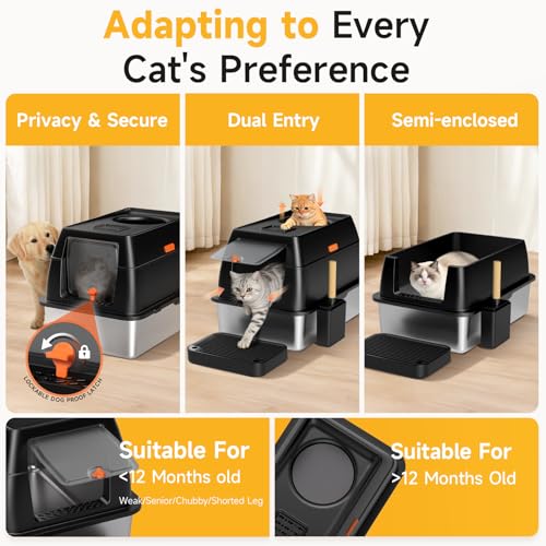 Tevila Extra Large Stainless Steel Litter Box with Lid, High Sided Enclosed Metal Cat Litter Pan, Dog Proof Front Entry Top Exit, Odor Control Easy Clean Leak Proof, Includes Scoop & Step, Black