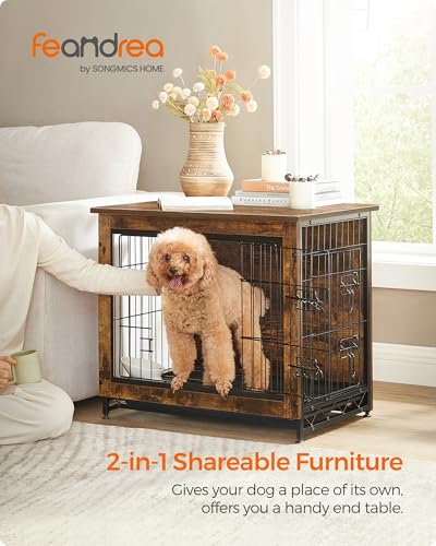 Feandrea 27.2" Dog Crate Furniture, Indoor Dog Cage Side End Table, M Pet Wood Kennel for Medium and Small Dogs up to 30 lb with Multi-Purpose Removable Tray, Double-Door Pet House, Rustic Brown