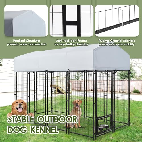 TOBYUL 8x4x6 FT Dog Kennel Outdoor for Large Dogs,Dog Enclosure Dog Cage Pet House with UV-Resistant Waterproof Cover,Double Safety Locks,Rotating Feeding Bowls (8FT*4FT)
