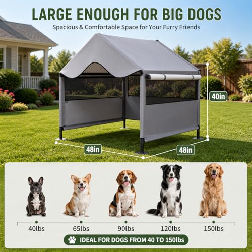 LUCKITTY Extra Large Dog Shade Shelter Canopy with UV Protection, Big Dog House Outside, Outdoor Dog Tent with Three-Sided Breathable Mesh Windows, Gray Sun Rain Cover for Pet Sheep Goat 4'x 4'x 3.3'