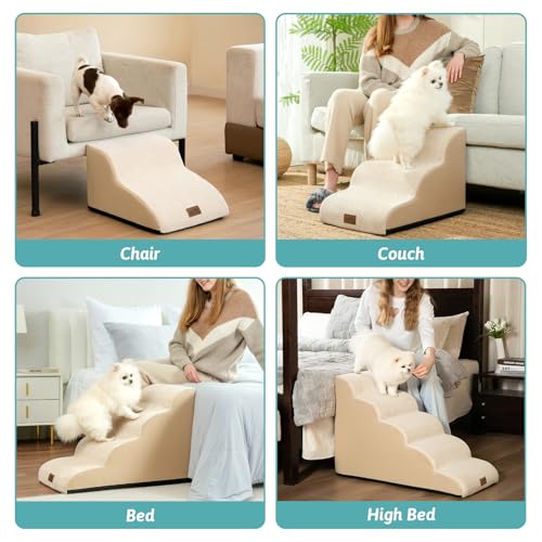 COZY KISS Dog Stairs for Small Dogs 15.7" H, Curved Dog Step for Puppy, Older Cat, Medium Pet Ramp for Sofa, Couch or Chair, Ladder with High Density Foam, 3 Step, 15.7x22.4x15.7 inch, Beige