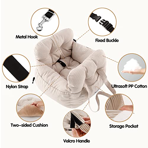 PETNEX Dog Car Seat for Small Dogs, Portable Puppy Car Seat of Easy Installation, Fashionable Pet Carrier Bag with Large Pockets, Machine Washable Dog Booster Seat (Striped Khaki)