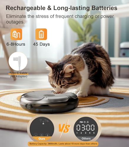 Casfuy Automatic Cat Feeder Cordless - Automatic Cat Food Dispenser with Stainless Steel Tray for Wet Food Rechargeable Auto Feeder for Cats Small Dogs with Programmable Timer Low Battery Indicator