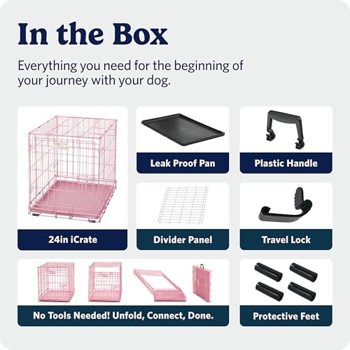 MidWest Homes for Pets 24-Inch Pink Fashion iCrate for Small Breeds, 12-20 lbs, Single Door Folding Dog Crate with Divider Panel, Leak-Proof Tray & Secure Latch, Portable, Durable & Easy to Assemble