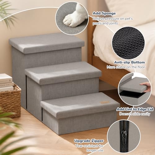 Fecuria 3-Step Wide Dog Stairs with Hidden Storage 18" H, Non-Slip Dog Steps for High Bed Couch Window Car, Jiont-Friendly Pet Stairs Ramp for Small/Medium/Large Old Dogs Cats Up to 220lbs, Grey