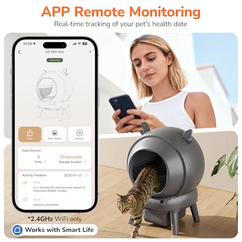 FurryKiddy Automatic Self Cleaning Litter Box, Cat Litter Box with APP Control, 65L Globe & Dual Safety Sensors, Robot Litter Box, 1 Roll Garbage Bags and Litter Mat, <35DB, for Multiple Cats, Grey