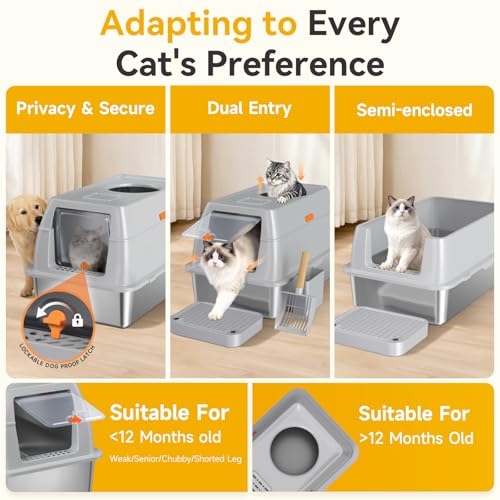 Tevila Extra Large Stainless Steel Litter Box with Lid, High Sided Enclosed Metal Cat Litter Pan, Dog Proof Front Entry Top Exit, Odor Control Easy Clean Leak Proof, Includes Scoop & Step, Light Gray