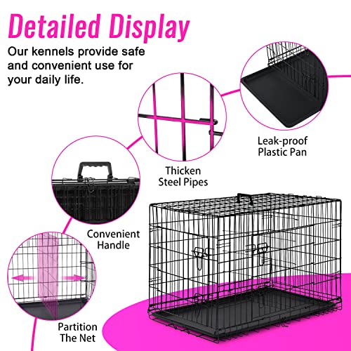 FDW Dog Crate for Large Dogs 48 Inch Folding Metal WirePet Cage Double Door W/Divider Panel Indoor Outdoor Kennel Leak-Proof Plastic Tray,Black