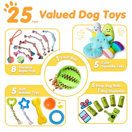 Zeaxuie 25 Pack Luxury Dog Chew Toys for Puppy, Dog Toys with Ropes, Treat Ball and Squeaky Puppy Toys for Teething Small Dogs