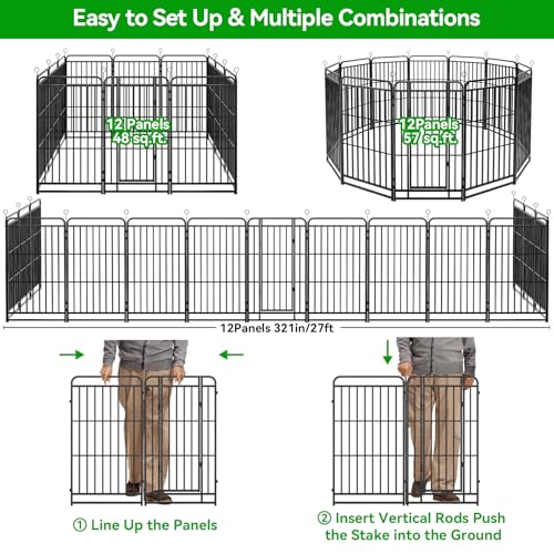 Kfvigoho Heavy Duty Dog Playpen: 12 Steel Panels 47" Height, Square Steel Pipe with Reinforced Crossbars, 27FT 57 Sq.ft Portable Fence for Yard RV Camping, Snowy Black