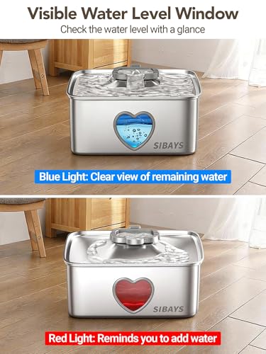 SIBAYS 15L Large Dog Water Fountain, 4 Gal Stainless Steel Pet Water Fountain for Dogs Inside, Ultra Quiet Automatic Dog Water Bowl Dispenser with Water Level Window & LED Light, Easy to Clean FS80