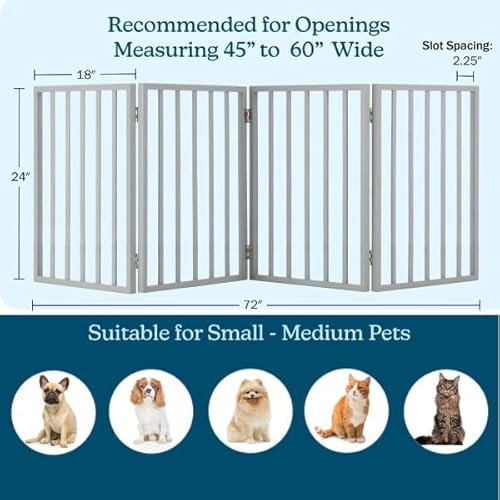 Pet Gate - 4-Panel Indoor Foldable Dog Fence for Stairs, Hallways, or Doorways - 72x24-Inch Retractable Wood Freestanding Dog Gates by PETMAKER (Gray)