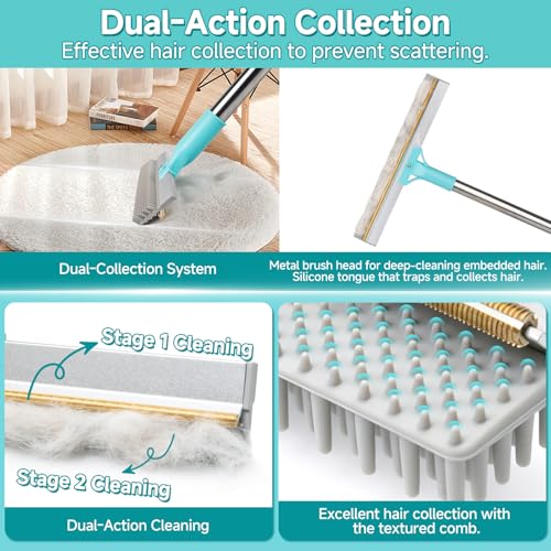 Carpet Rake for Pet Hair Removal Tool, Reusable Pet Hair Remover Broom, Dog&Cat Hair Remover Scraper Rake with 54” Adjustable Long Handle, 3 Pcs Carpet Brush Rake for Rugs, Mats, Couch, Furniture