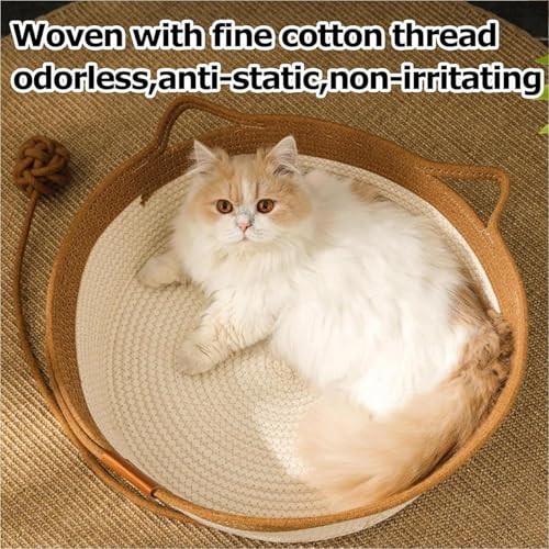 FHKPET Instinct Basket, Stimuli Handwoven cat Basket Rope Cotton Eliminates Bed Rejection Round Pet Basket, Boho Catbed for Cats Handwoven Scratchable Breathable Weave (Large)