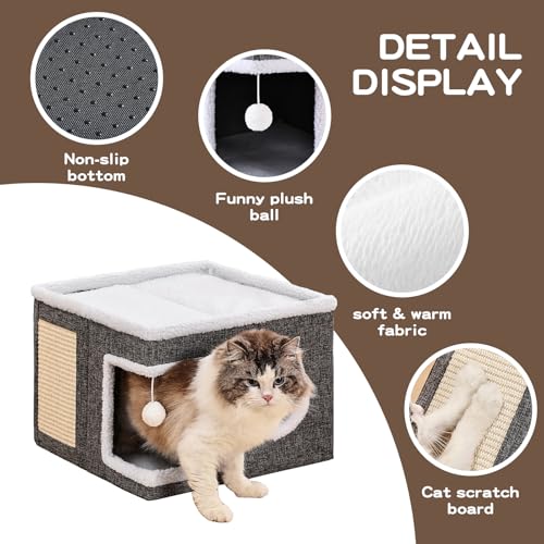 Crispedia Cat Beds for Indoor Cats, Large Cat Cave with Fluffy Ball and Scratch Pad, Foldable Cat Scratch House with Hideaway Condo for Kitten,16x16x13inch,Grey