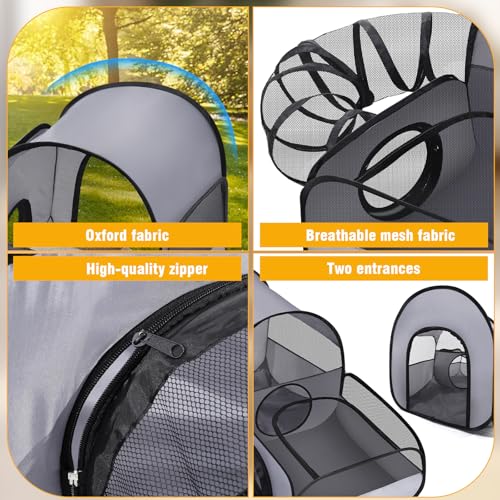 Portable Cat Playpen with Surround Tunnel, 2-Linked-Enclosed Areas, Ideal Cat Tent Outdoor or Cat Playpen for Indoor Cats Enclosed.Breathable Mesh Design for Indoor & Outdoor Use(Grey)