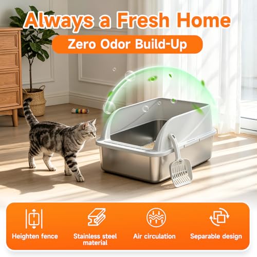 OneBug Stainless Steel High Sides Cat Litter Box with Scoop, Open Top Litter Pan for Indoor Cats, Easy to Clean, Reduced Litter Scatter, Medium