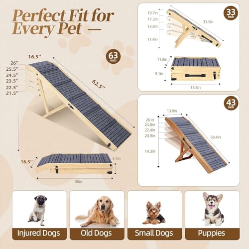 FurnPulse Extra Large Dog Ramp 63‘’L for High Bed, Couch & SUV – 200 Lb Heavy Duty Solid Wood Pet Ramp, 6 Adjustable Height – Portable Stable Non-Slip Steps for Medium to XL Dogs