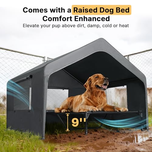 Veehoo Extra Large Dog House Outdoor with Elevated Dog Bed, Outside Dog Tent 4.1' x 4.1' x 3.3', Weatherproof Dog Shade Shelter and Raised Bed Combo for Pets or Stray Animals, Grey