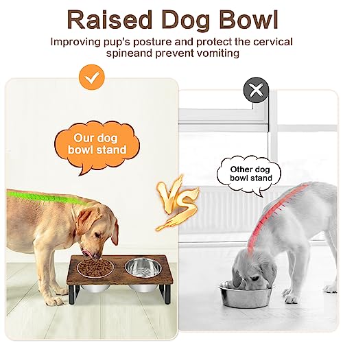 KEVIDEAWL Elevated Dog Bowls for Small Medium Wood Dogs Raised Bowl Stand with 2 Stainless Steel Deep Dog Food and Water Bowls, Anti Vomit, Non-Slip Feeding Dishes(Tilted，3 inches in Height, 40oz