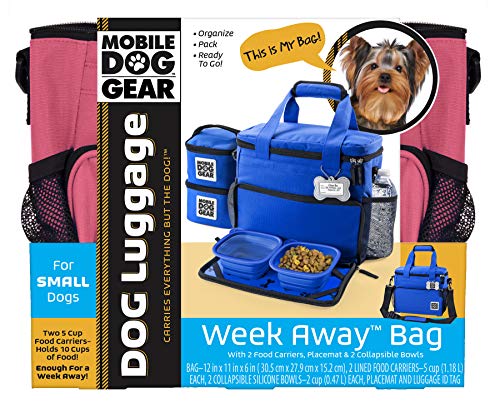 Mobile Dog Gear, Week Away Dog Travel Bag for Small Dogs, Includes Lined Food Carriers and 2 Collapsible Dog Bowl, Pink