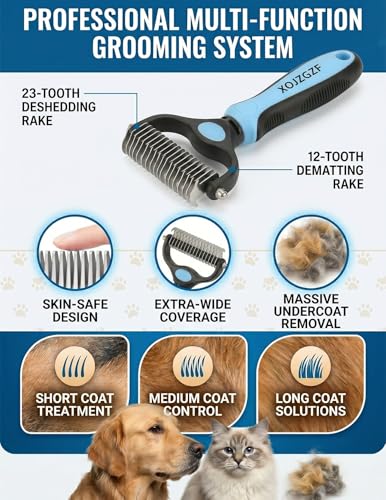 Pet Pro Tool Grooming, Dual Tooth Groom Pro for Dogs, Cat Deshedding Brush, Dog Rake Brush for Shedding, Cats Comb Undercoat Long Hair Knotter Remover, Double Teeth Coat Dual-Sided Professional Tools