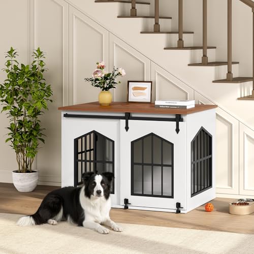 MAHANCRIS Dog Crate Furniture, 31.5" Farmhouse Dog Kennel with Sliding Barn Door, Wooden Dog Cage for Small Medium Dogs, Decorative Pet House Side End Table, Chew-Resistant, White and Walnut DCBA9601