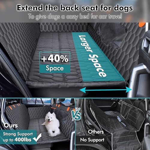 Chumajor Back Seat Extender for Dogs-Supports 400lb,Waterproof Dog Car Seat Cover Hard Bottom-Detachable,600D Heavy Duty Scratch Proof Nonslip Soft,Dog Hammock for Car,SUVs