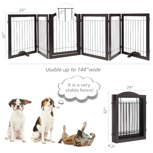 PAWLAND 144-inch Extra Wide 30-inches Tall Dog gate with Door Walk Through, Freestanding Wire Pet Gate for The House, Doorway, Stairs, Pet Puppy Safety Fence, Support Feet Included, Espresso,6 Panels