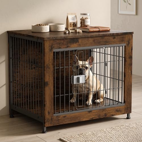 Furniture Style Dog Crate, Decorative Wooden Pet Kennel End Table for Small to Medium Dogs (Under 30 lbs), Indoor Dog House with Secure Slide Lock & Solid Top, Modern Pet Cage Furniture, Aged Black