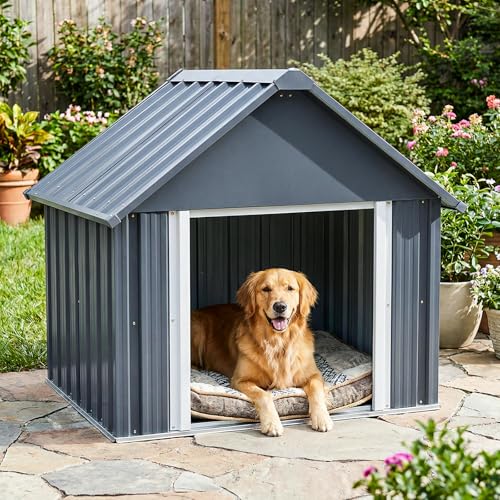 RYPetmia 34 X 38 X 35 Inch Metal Dog House, Indoor Outdoor Doghouse for Medium Large Dogs, Weatherproof Puppy Shelter, Sturdy and Long-Lasting Dog Houses