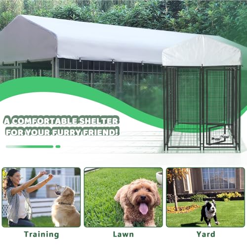 LEMBERI Heavy Duty Large Outdoor Dog Kennel 8x4x6 FT, Escape-Proof Dog Run with Double-Latch Gate, Heat Dissipation Sunshade Cover & 2 Stainless Steel Bowls, Galvanized Steel Dog Cage Enclosure