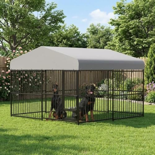 GarveeTech 10x10x6 ft Outdoor Dog Kennel Outdoor, Heavy-Duty Metal Dog Playpen with Waterproof Top Cover, Lock ＆ Swivel Feeding Bowl, Dog Crate Enclosure for All Dog Breeds, Easy Assembly