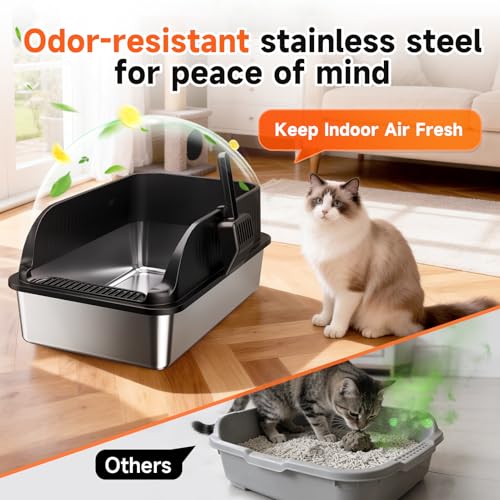 Extra Large Stainless Steel Litter Box with Lid, XL Odor Free Metal Litter Box with High Sides for Big Cats, Open Top Easy Cleaning Kitty Box Anti-Urine Leakage, Non-Sticky, Include Scoop, Black