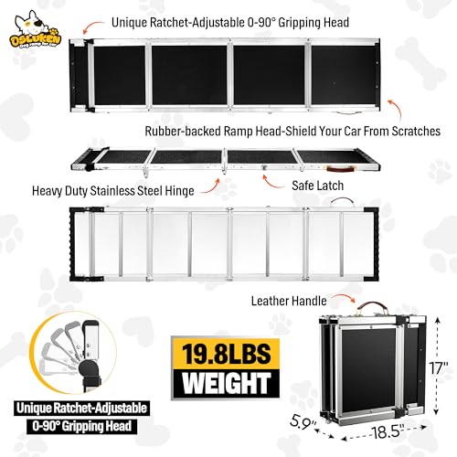 71" Aluminum Alloy Dog Ramp for Car SUV Truck Side Door, Foldable Outdoor Pet Ramp with Adjustable Support Head, Non-Slip Traction Surface, Sturdy Ramp for Large Dogs Up to 200 LBS (5 Folded)