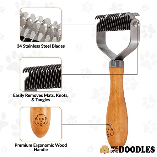 Pet Dematting Comb for Dogs and Cats with Wood Handle, Deshedding Undercoat Rake with Stainless Steel Blades, Pet Comb for Detangling Thinning and Shedding, All Hair Types [We Love Doodles]
