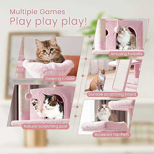 SHA CERLIN 68 Inches Multi-Level Large Cat Tree for Large Kitties/Big Cat Tower with Condo/Cozy Plush ‌Pussycat Perches/Sisal Scratching Posts and Hammocks/Activity Center/Pink