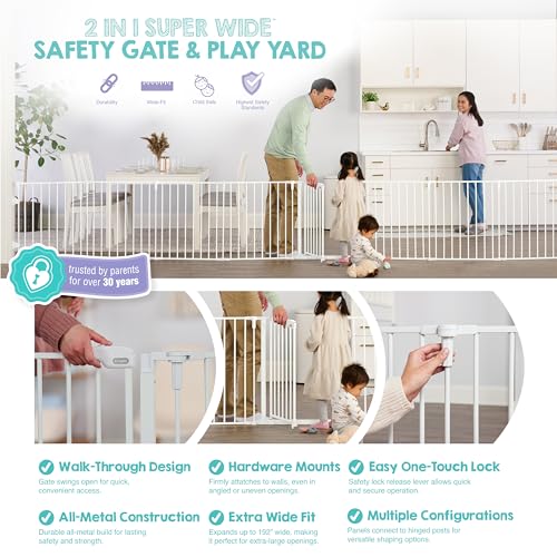 Regalo Safety 192" Super Wide Baby Gate & Play Yard, 2-in-1 Convertible Extra Wide Safety Barrier, Hardware Mounted for Toddlers & Pets, Tested & Safe for 30 Years, American Designed & Owned, White