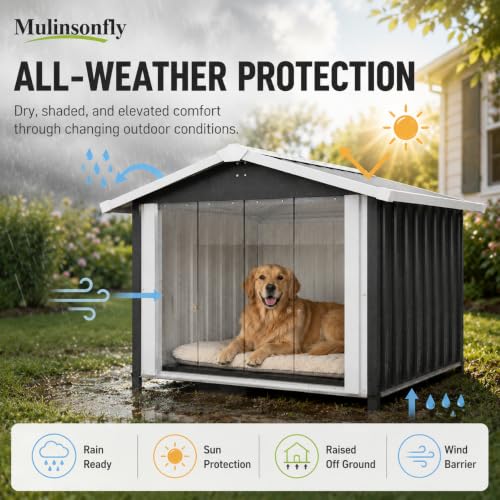 Mulinsonfly 40 Inch Heavy Duty Metal Dog House for Medium and Large Dogs, Outdoor Dog Shelter with Raised Floor, PVC Curtain, Vent and Sloped Roof, Weather Resistant for Backyard Patio