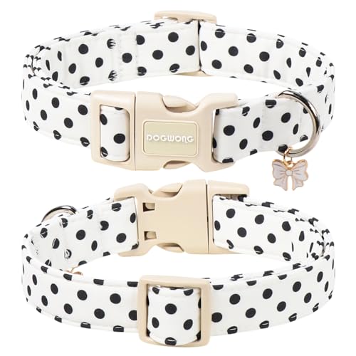 Spring Summer Dog Collar for Girl Dogs- White Polka Wedding Dog Collar, Adjustable Soft Beach Dots Dogs Collars for Small Dogs, S