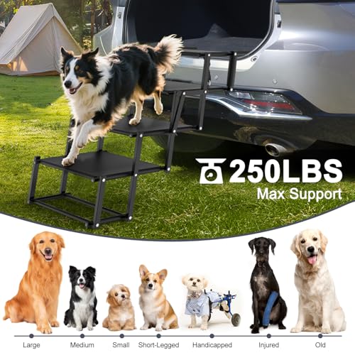 Extra Wide Dog Stairs for Large Dogs, Foldable Dog Ramp for Car with Non-Slip Surface, Lightweight Dog Stairs for Cars, Dog Steps for Cars, SUV, High Beds, Truck, Supports up to 250 lbs, 4 Steps