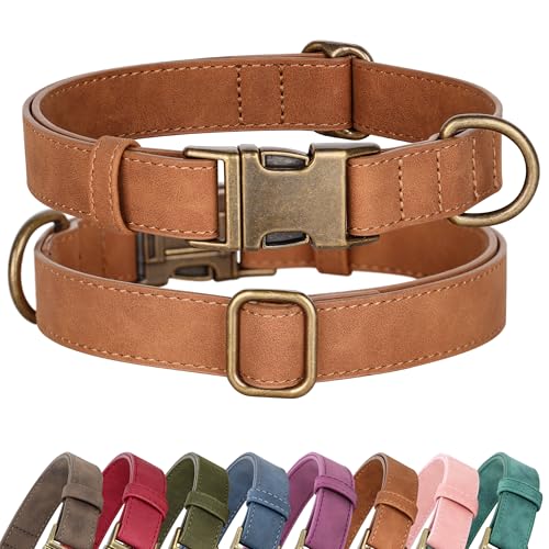 Didog Soft PU Leather Dog Collar, Stylish Quick Released Dog Collars for Small Dogs, Easy Clean Adjustable Pet Collar for Daily Walking, Light Brown, S Fit 10-15" Neck